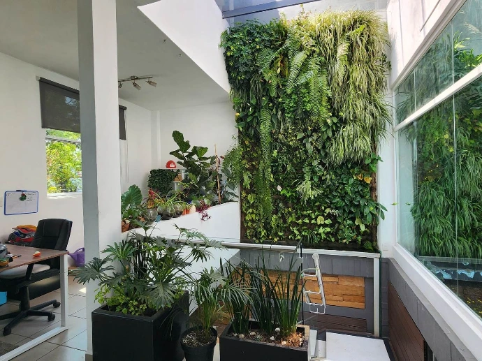 Paisajismo en oficinas modernas con jardín vertical interior y plantas de diseño Paisajismo en oficinas modernas con jardín vertical interior y plantas de diseño
